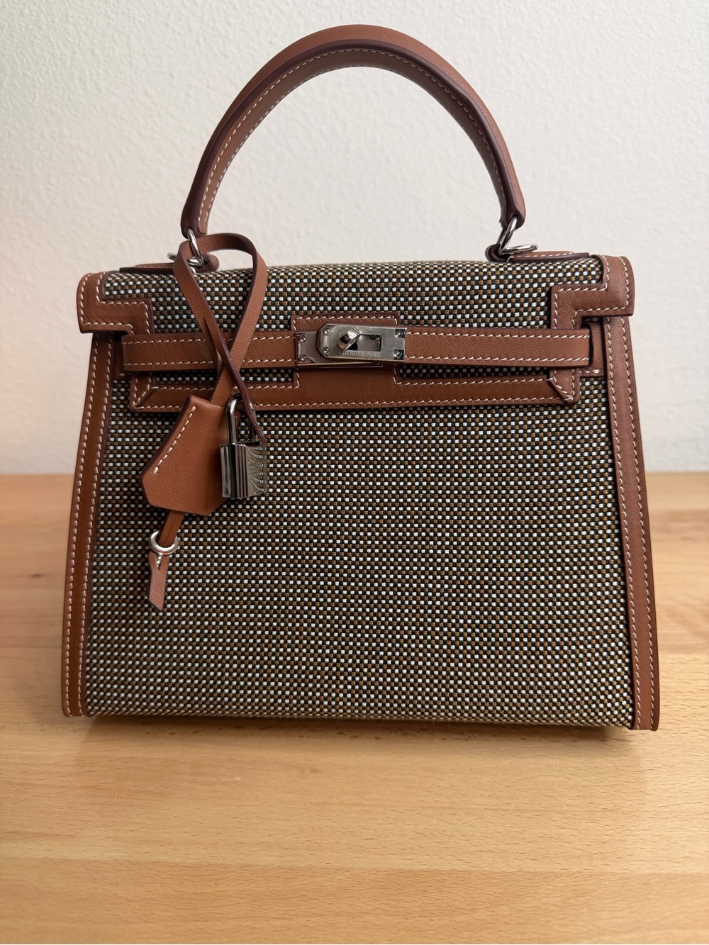 Rare H Kelly Sellier 25 check Toile Quadrille canvas Sesame Swift leather PHW